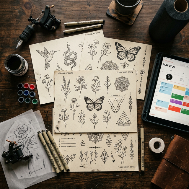 Tattoo flash sheet designs on artist workspace