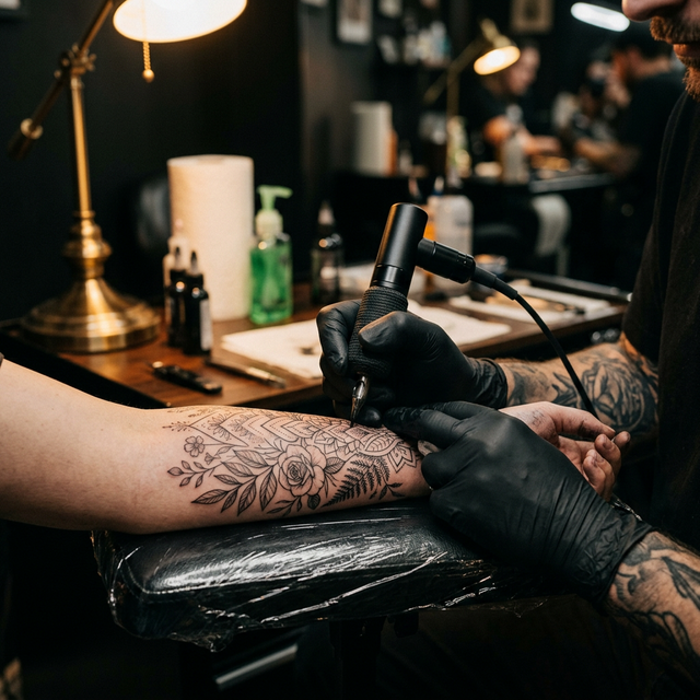 Tattoo artist creating fine-line art